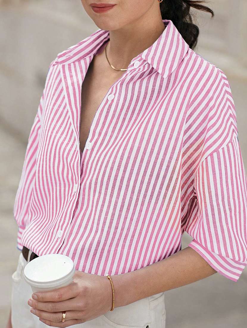 women striped collared long sleeve shirt - 22094074 -  Standard Image - 4