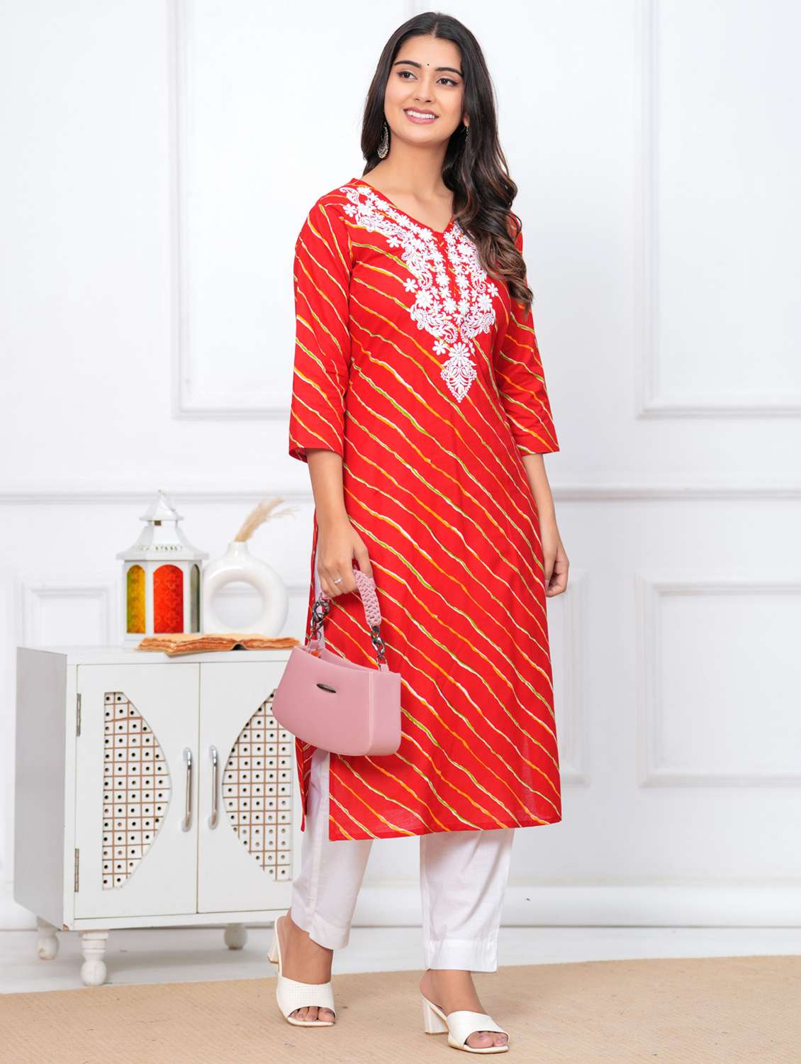 women leheriya three quarter sleeve straight kurta - 22094115 -  Standard Image - 1