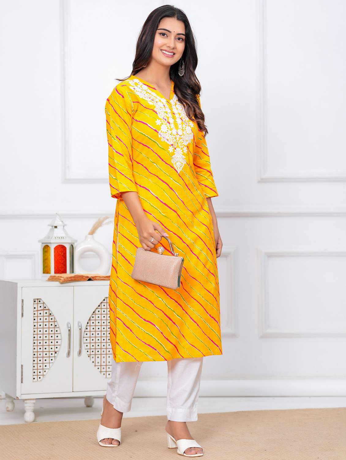 women leheriya three quarter sleeve straight kurta - 22094116 -  Standard Image - 1