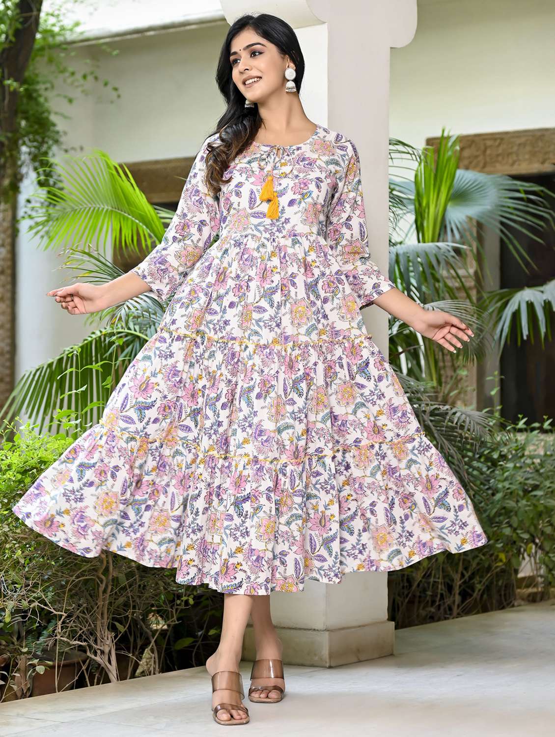 women floral three quarter sleeve tiered ethnic dress - 22094127 -  Standard Image - 1