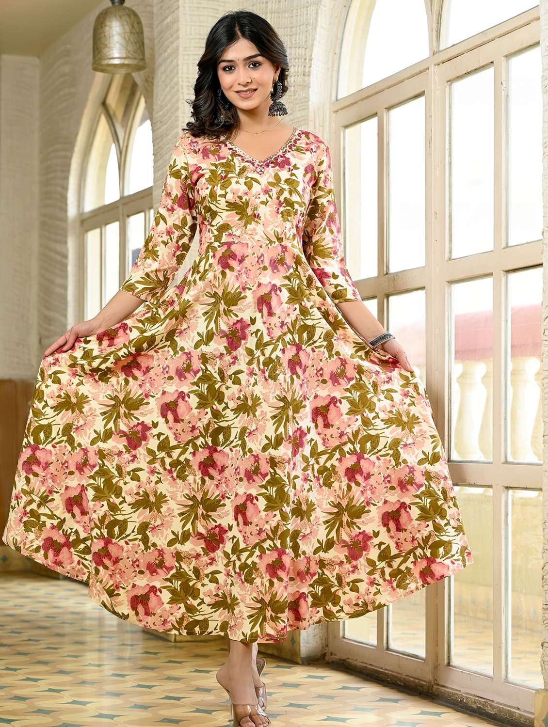 women floral three quarter sleeve flared ethnic dress - 22094131 -  Standard Image - 4