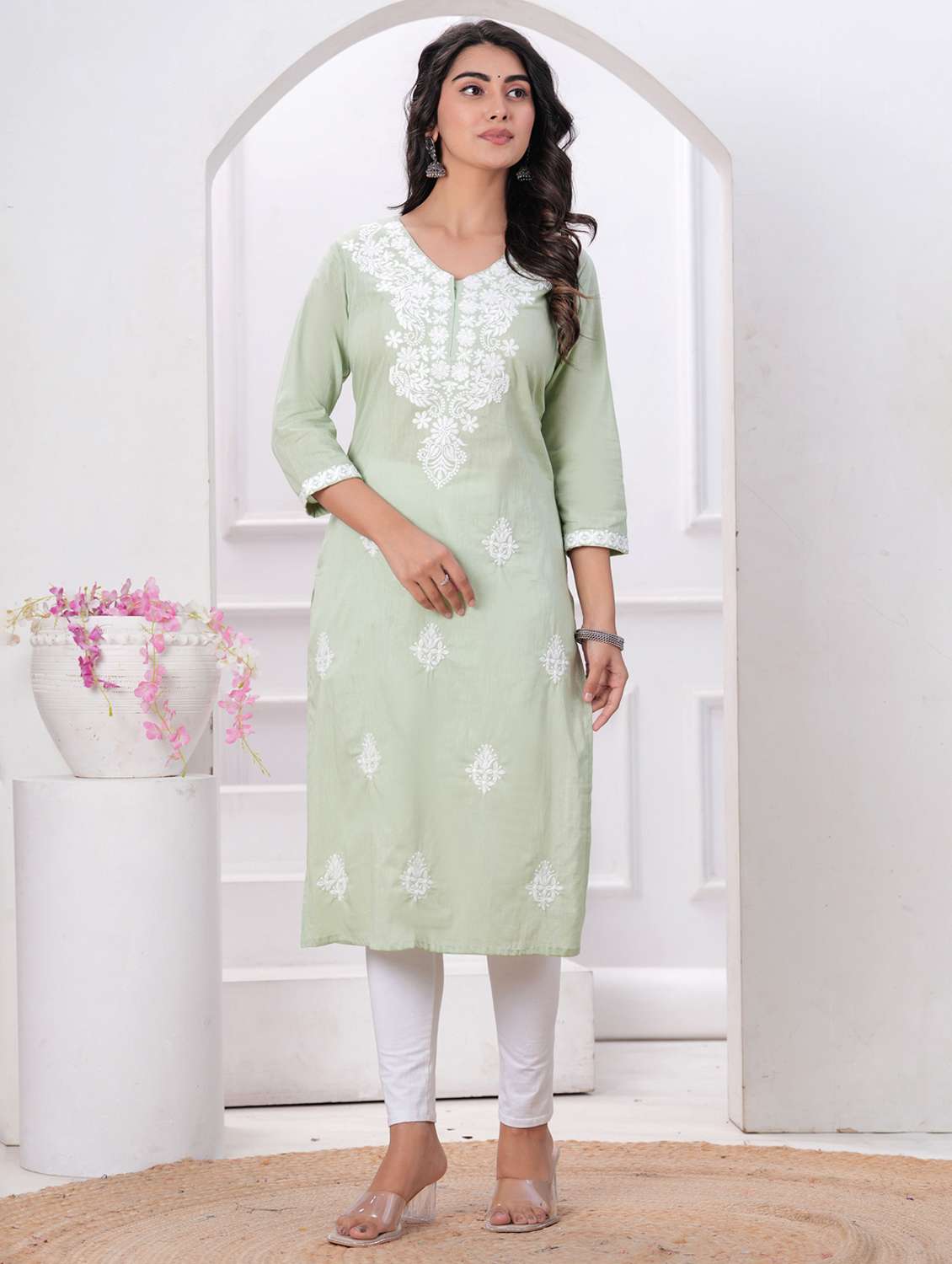women solid with work three quarter sleeve straight kurta - 22094134 -  Standard Image - 1
