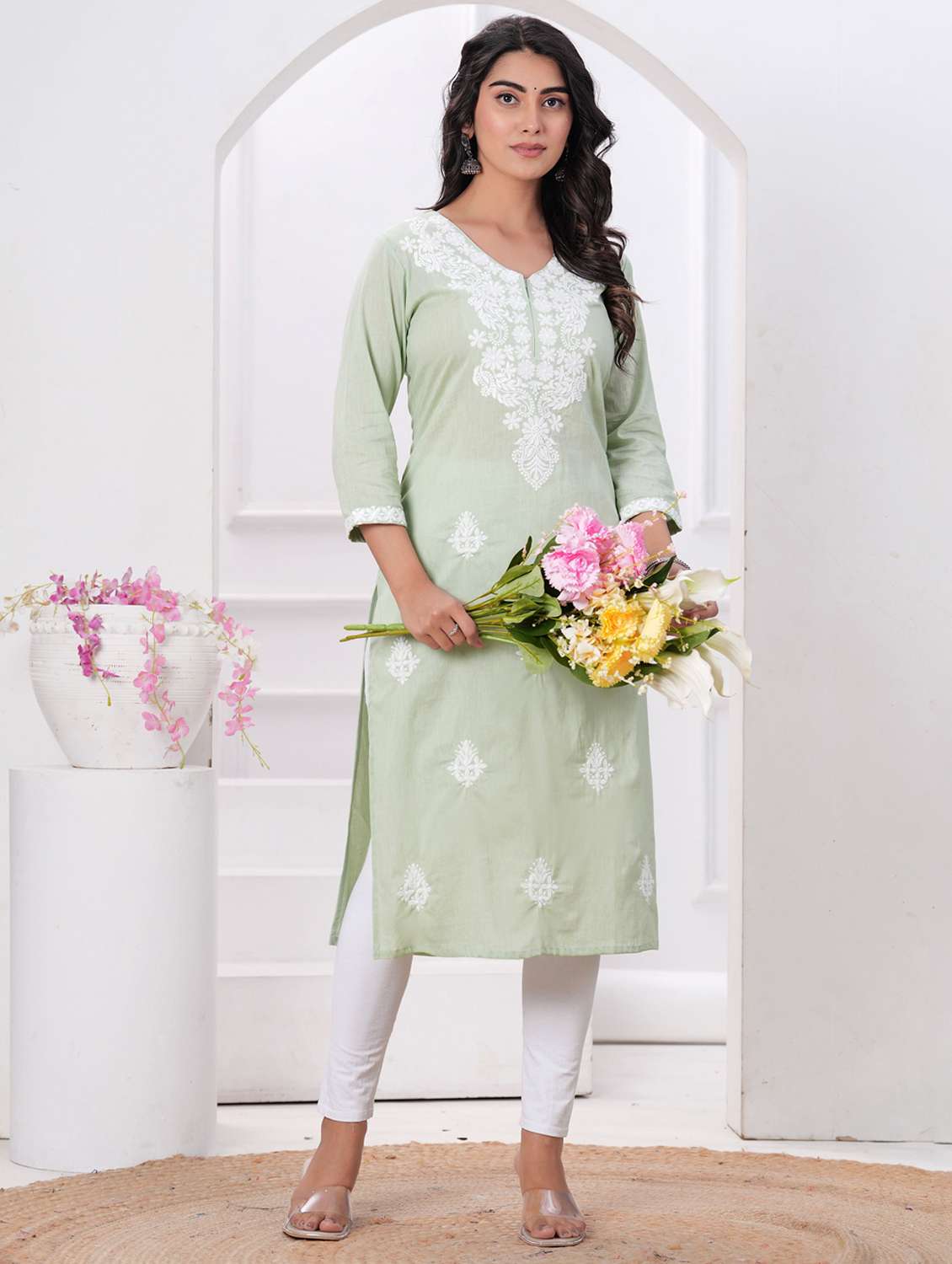 women solid with work three quarter sleeve straight kurta - 22094134 -  Standard Image - 4