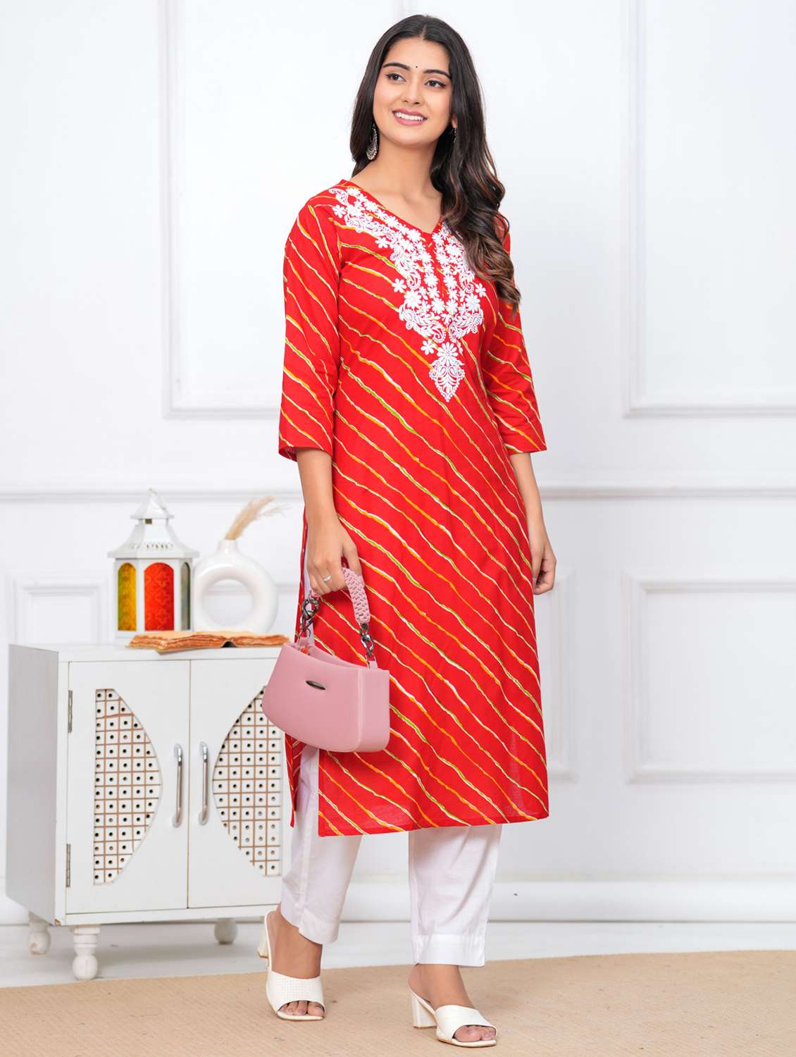 women leheriya three quarter sleeve straight kurta - 22094138 -  Standard Image - 1