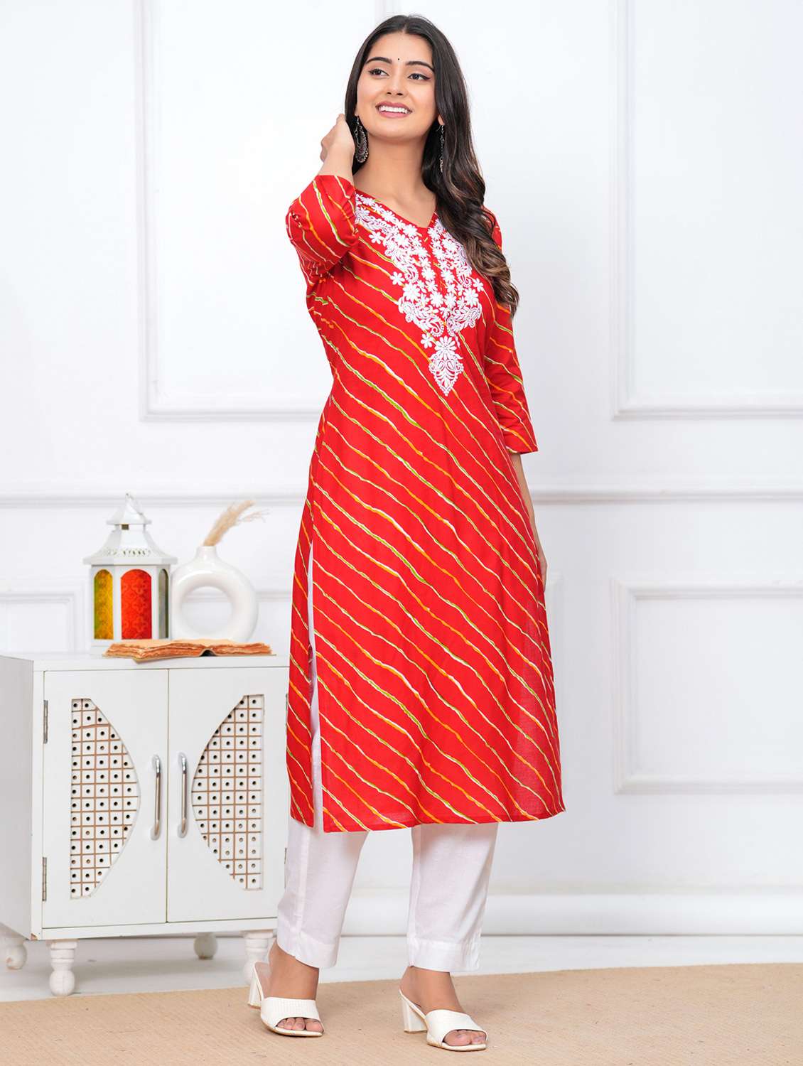 women leheriya three quarter sleeve straight kurta - 22094138 -  Standard Image - 4