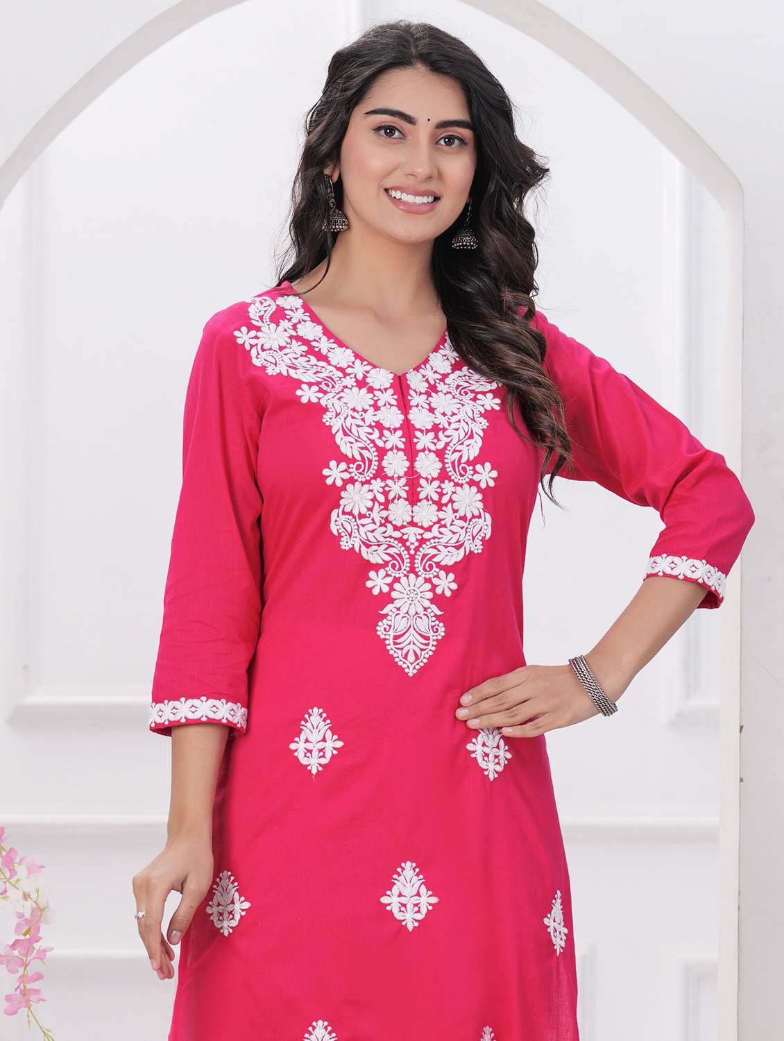women solid with work three quarter sleeve straight kurta - 22094142 -  Standard Image - 1