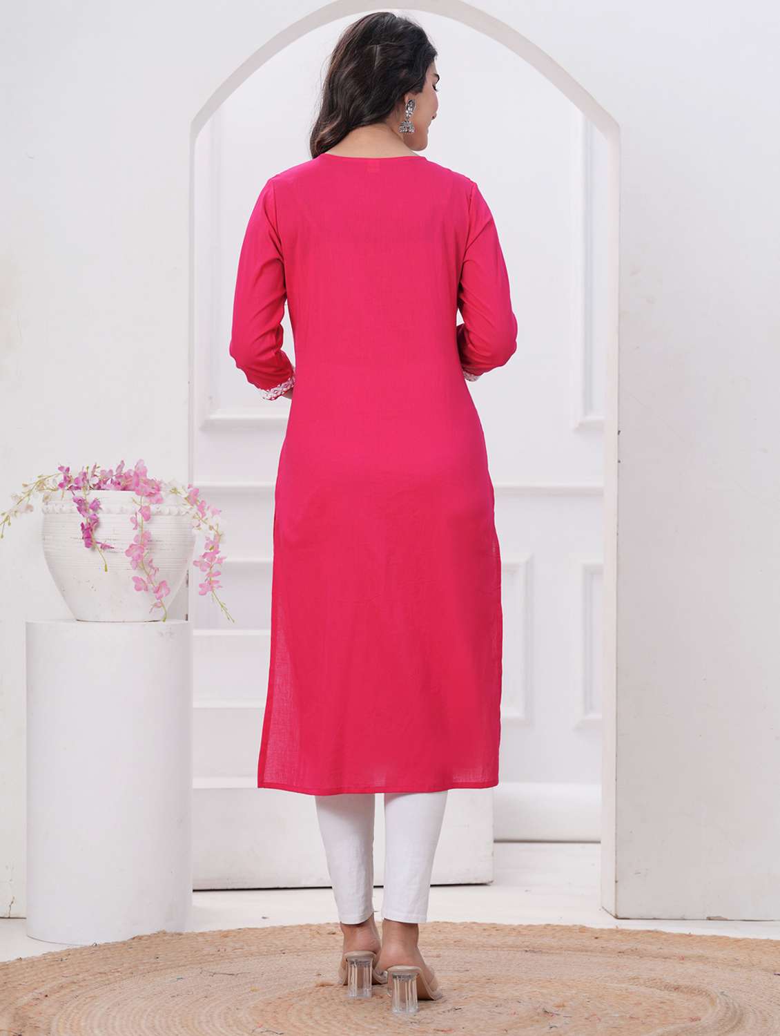 women solid with work three quarter sleeve straight kurta - 22094142 -  Standard Image - 4