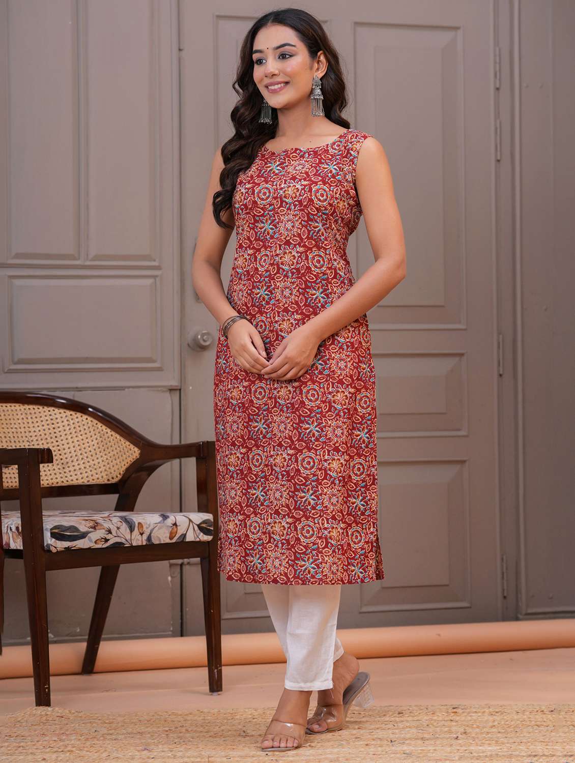 women floral printed sleeveless straight kurta - 22094146 -  Standard Image - 1