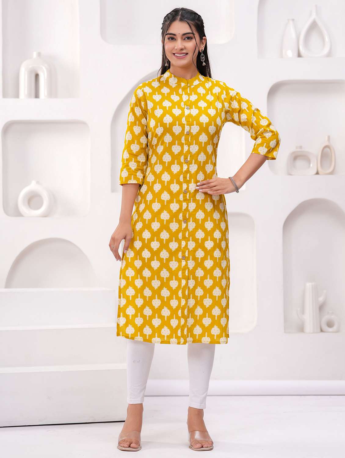 women printed three quarter sleeve straight kurta