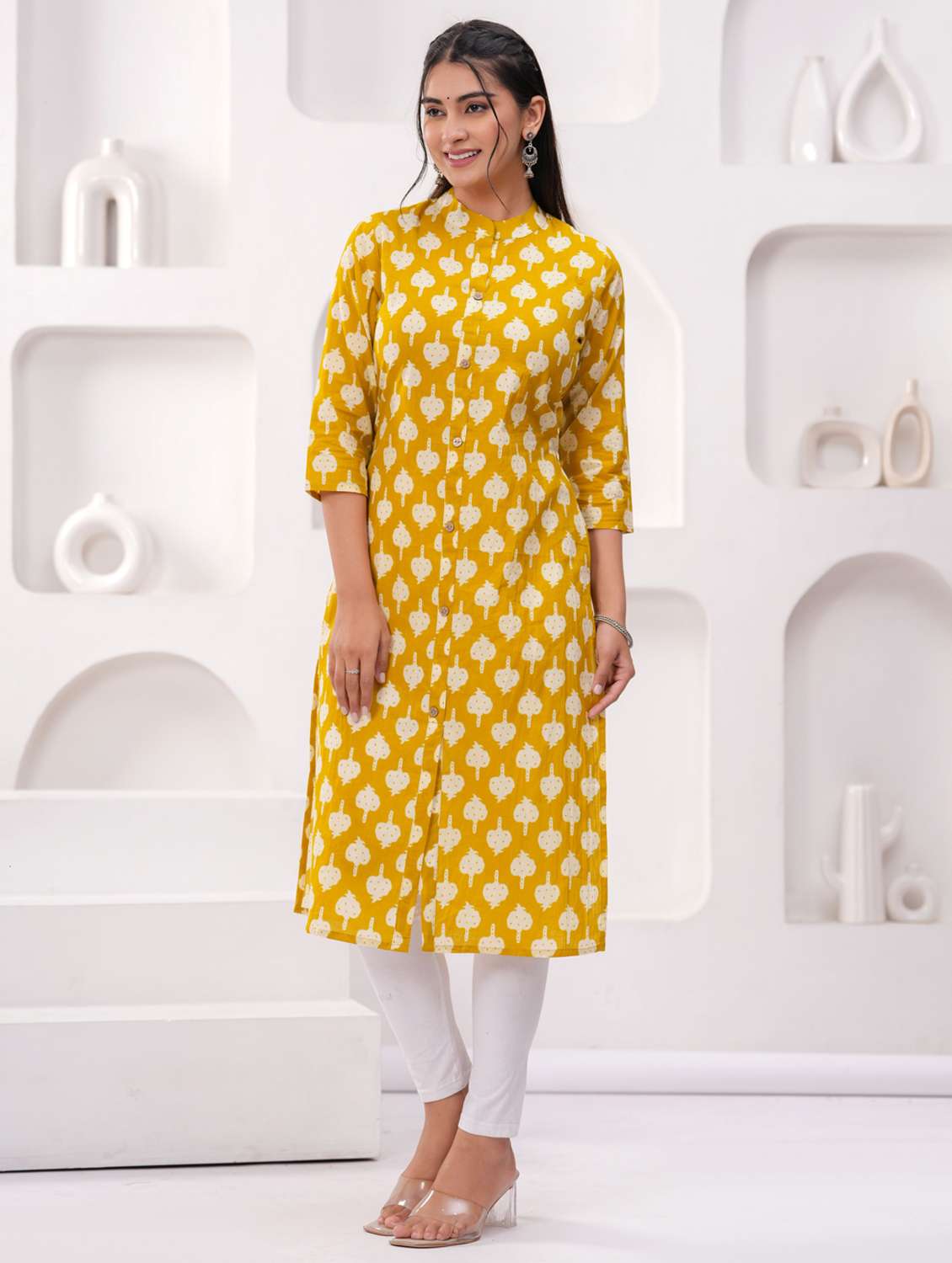 women printed three quarter sleeve straight kurta - 22094150 -  Standard Image - 1