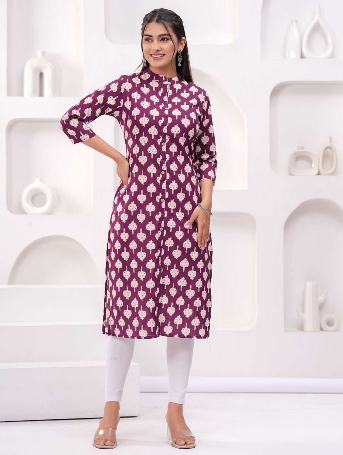 women printed three quarter sleeve straight kurta - 22094151 -  Standard Image - 1