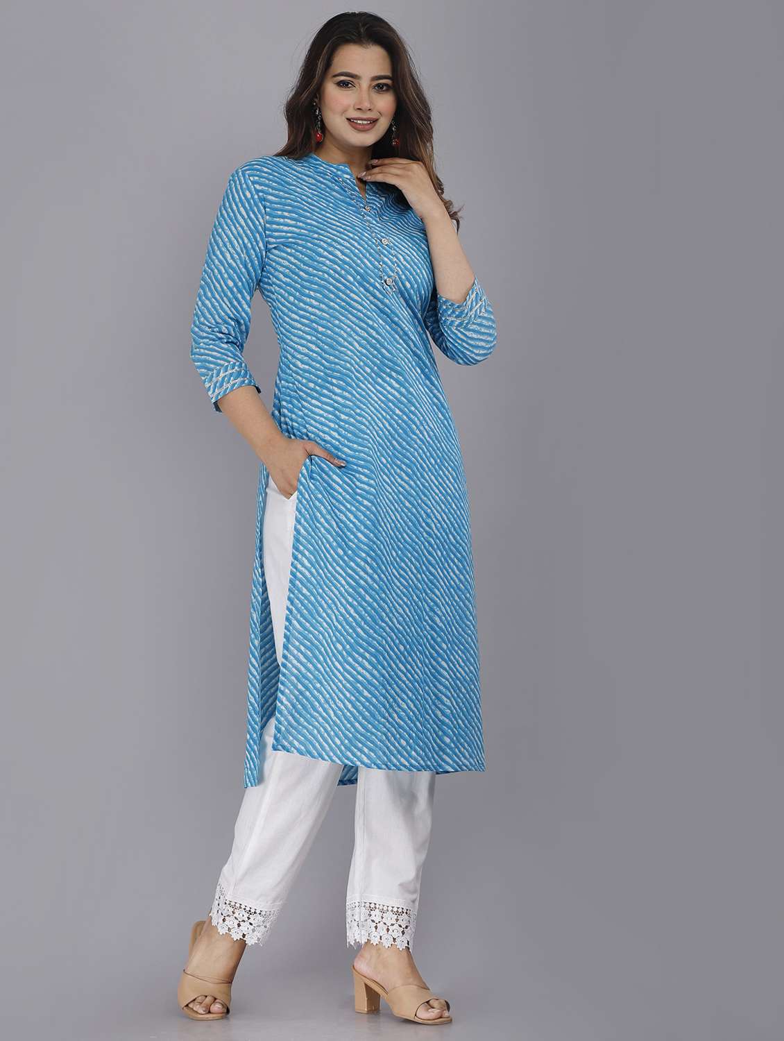 Women Leheriya Three Quarter Sleeve Straight Kurta - 22094165 -  Standard Image - 1