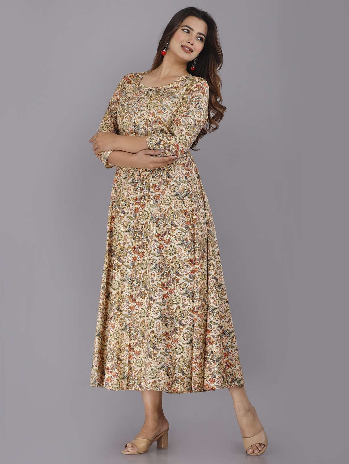 Women Floral Three Quarter Sleeve A-line Ethnic Dress - 22094170 -  Standard Image - 1