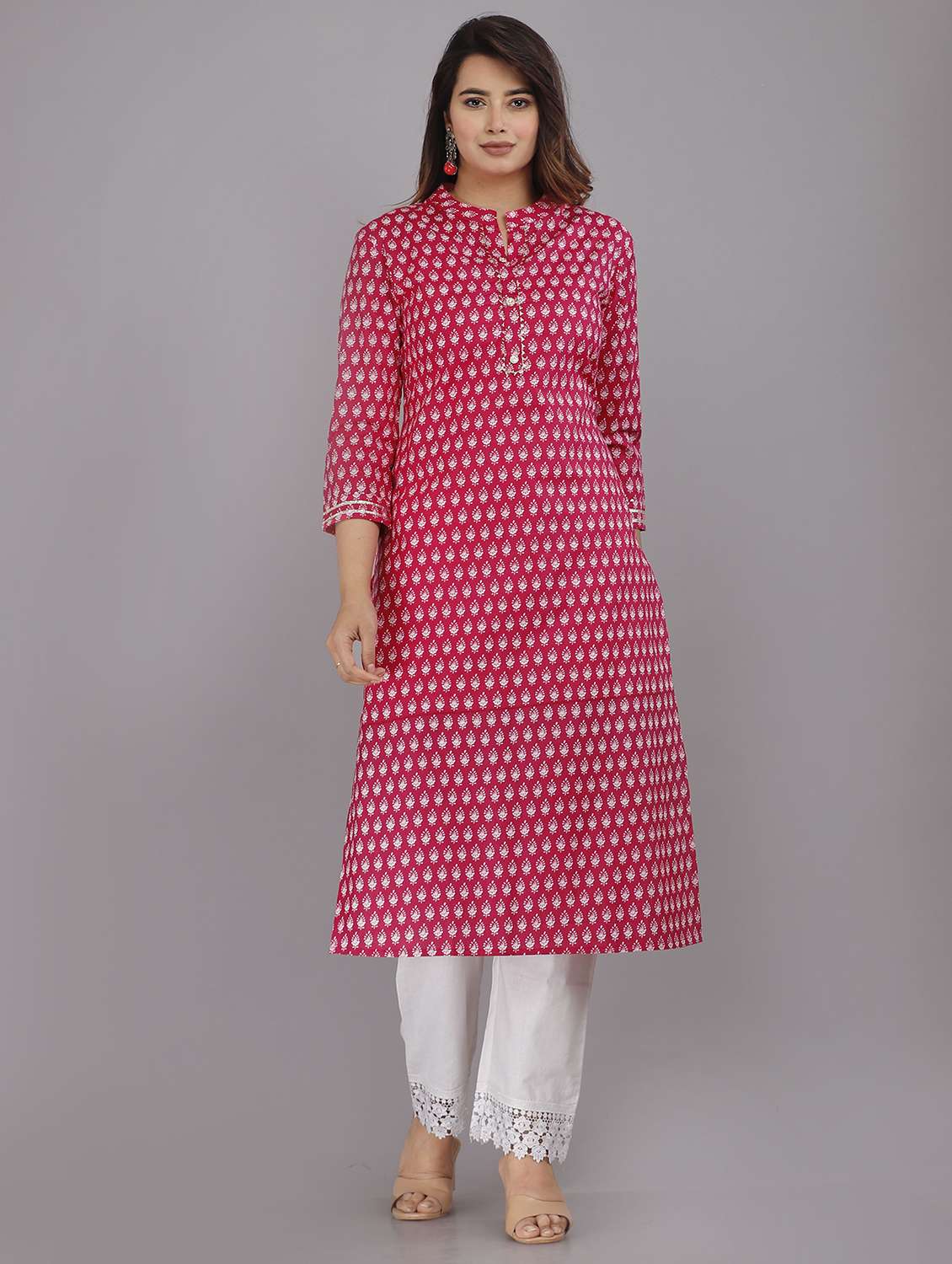 women printed three quarter sleeve straight kurta