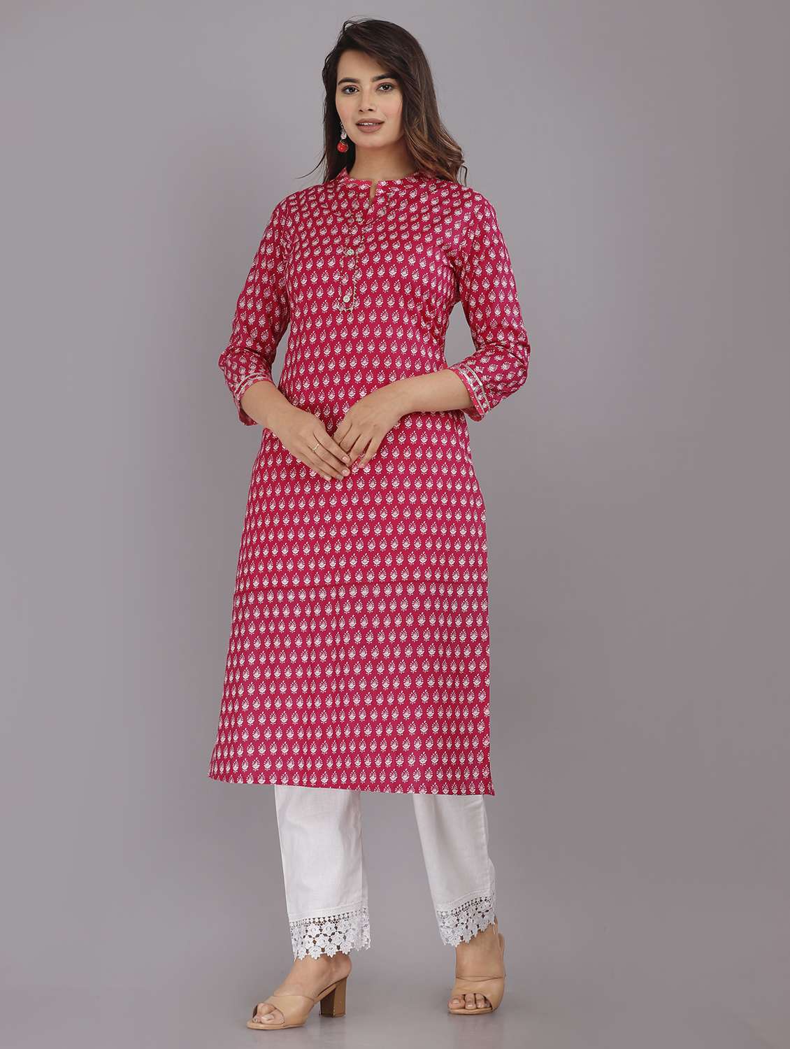 women printed three quarter sleeve straight kurta - 22094171 -  Standard Image - 1