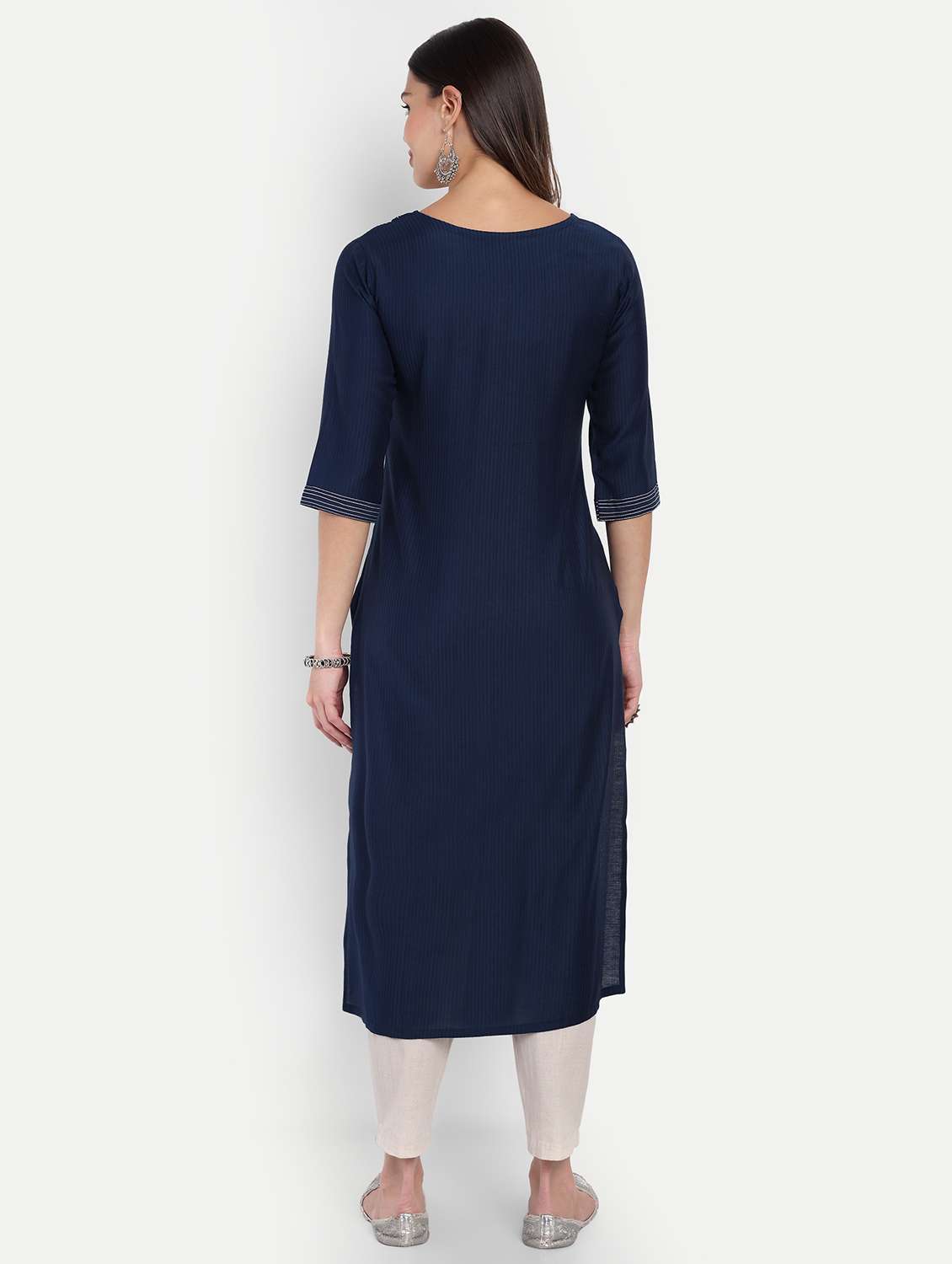 women solid with work three quarter sleeve straight kurta - 22094211 - Standard Image - 4