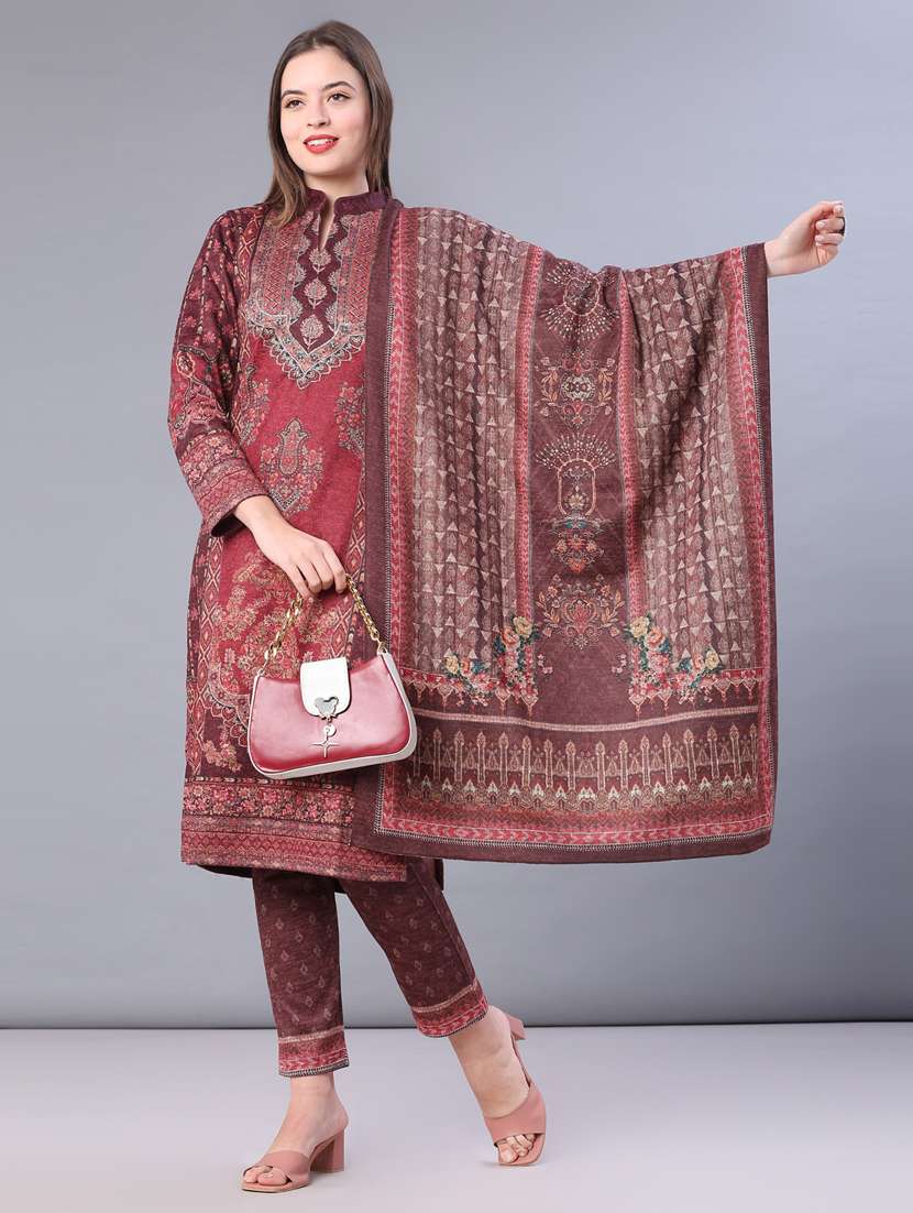 women printed long sleeve kurta pant with dupatta set