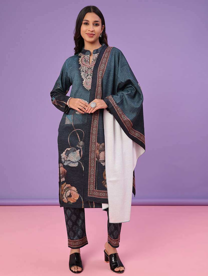 women printed long sleeve kurta pant with dupatta set