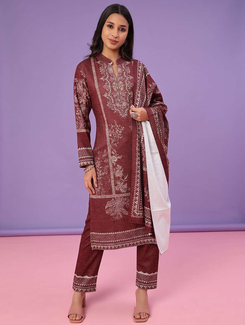 women printed long sleeve kurta pant with dupatta set