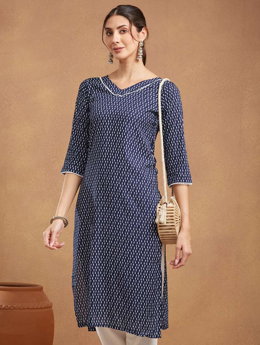 women printed three quarter sleeve straight kurta - 22094412 -  Standard Image - 1