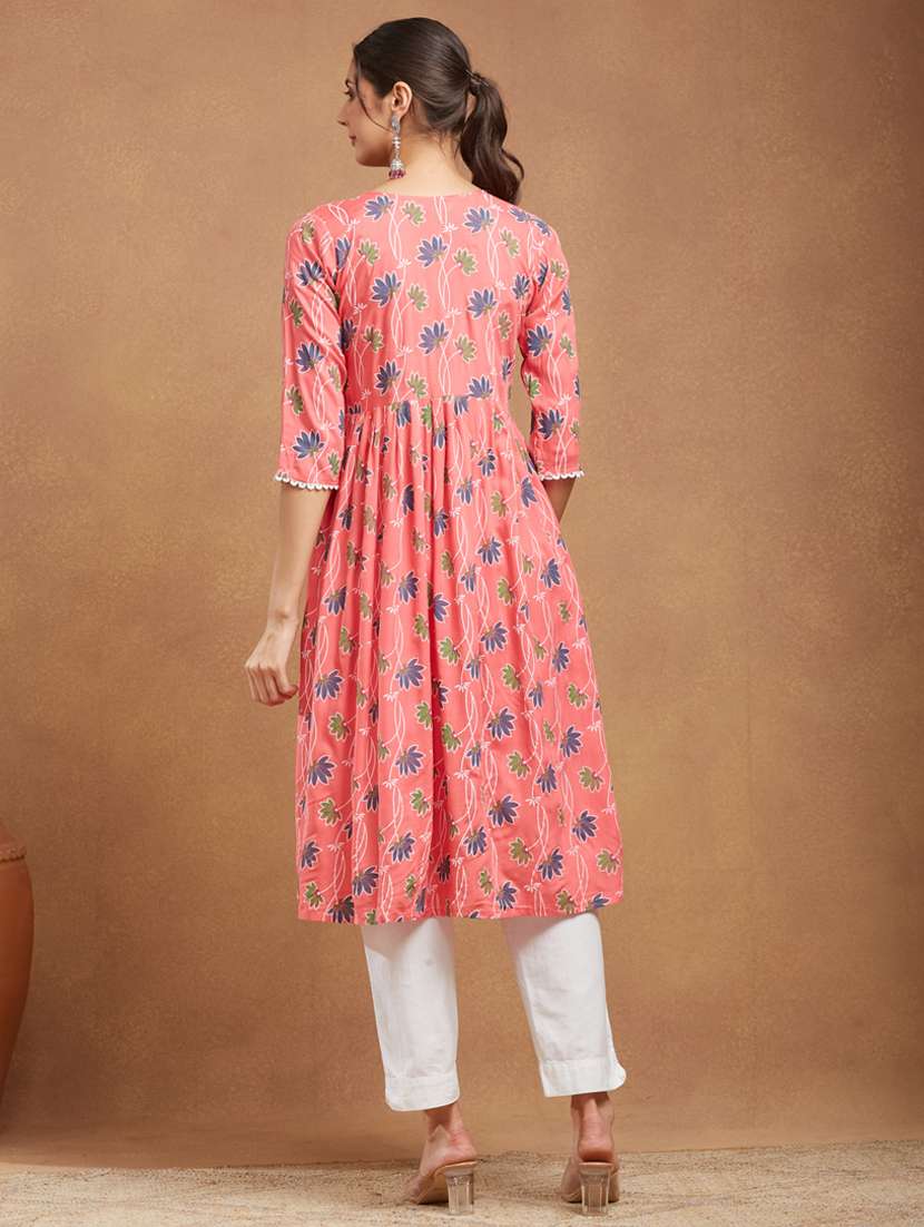 women floral printed three quarter sleeve a-line kurta - 22094413 -  Standard Image - 1