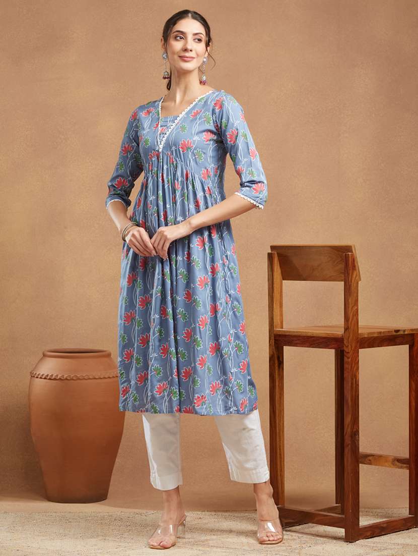 women floral printed three quarter sleeve a-line kurta - 22094414 - Standard Image - 1