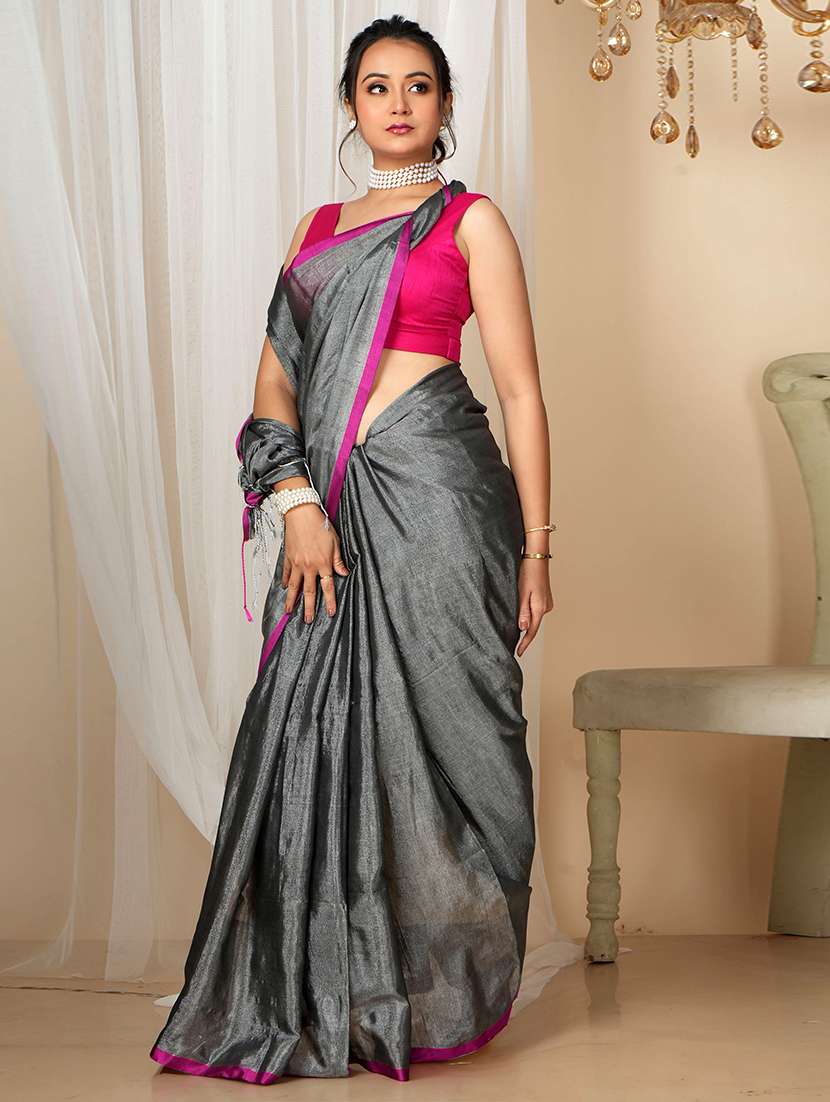 women solid handloom saree with blouse - 22094446 -  Standard Image - 1