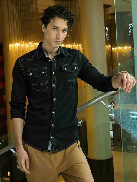 men solid long sleeve regular fit denim casual shirt - 22094490 -  Standard Image - 1