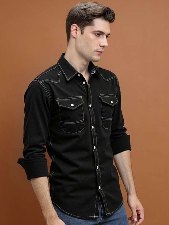 men solid long sleeve regular fit denim casual shirt - 22094499 -  Standard Image - 1