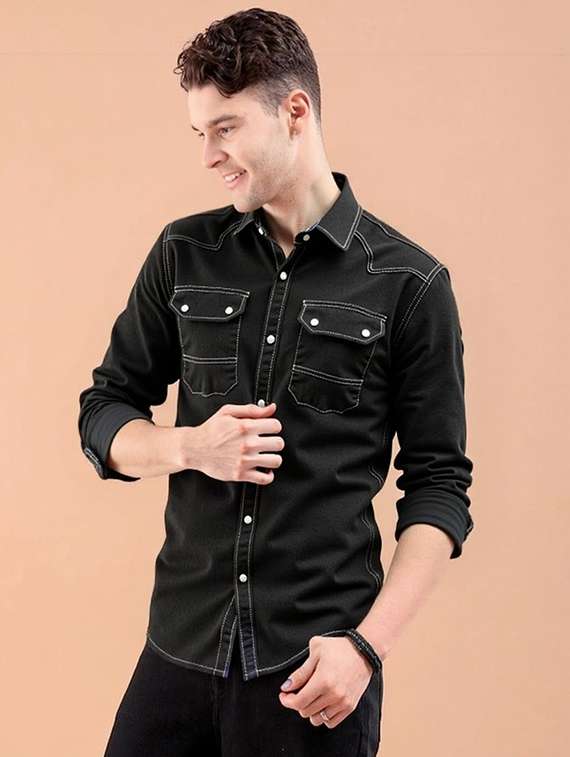 men solid long sleeve regular fit denim casual shirt - 22094504 -  Standard Image - 1