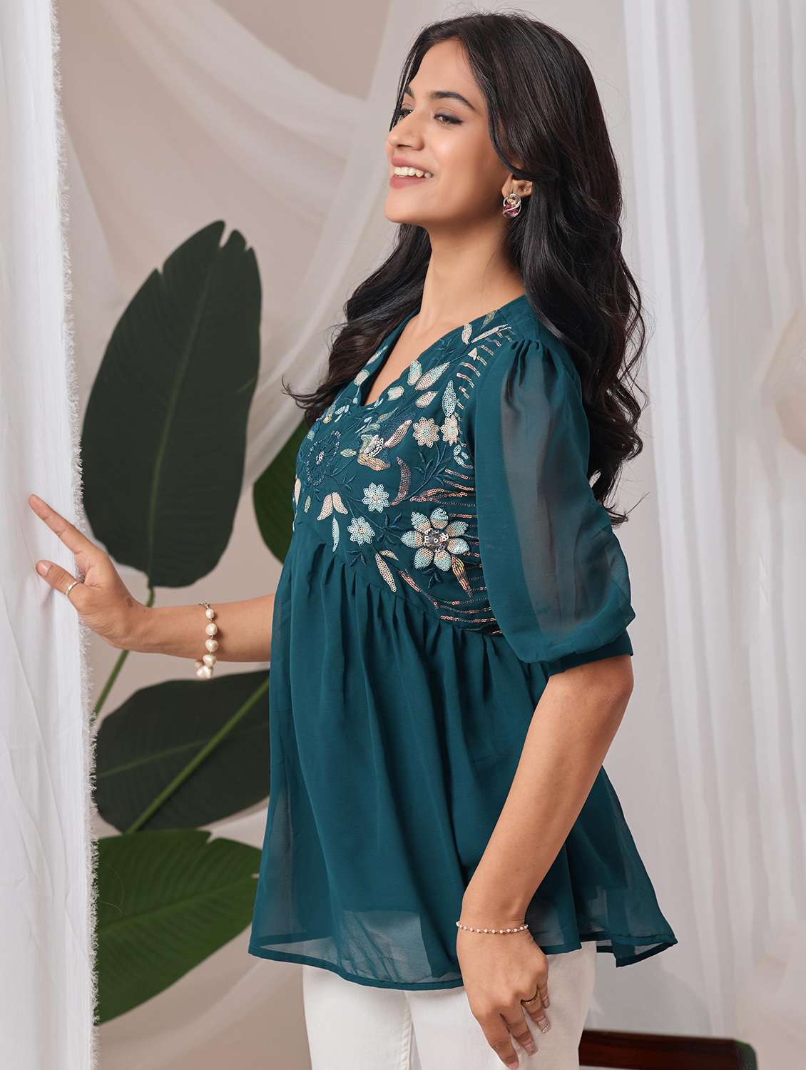 women embroidered v neck ethnic top - 22100795 -  Standard Image - 1