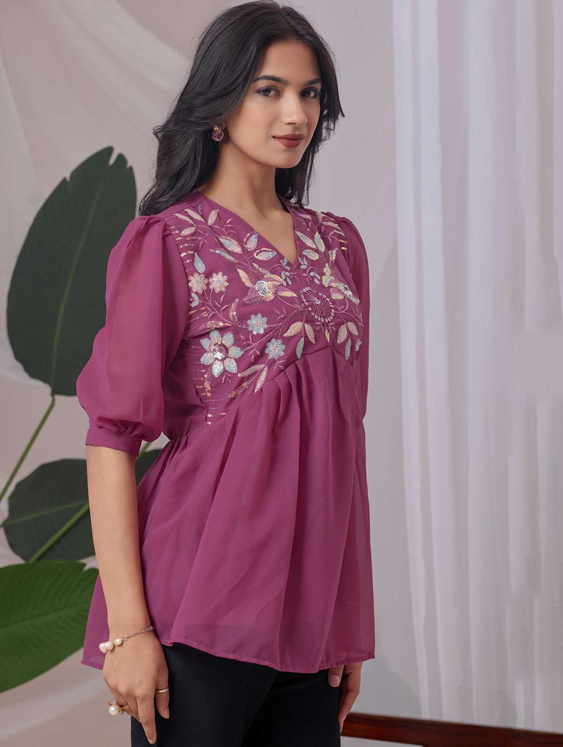 women embroidered v neck ethnic top - 22100796 - Standard Image - 1