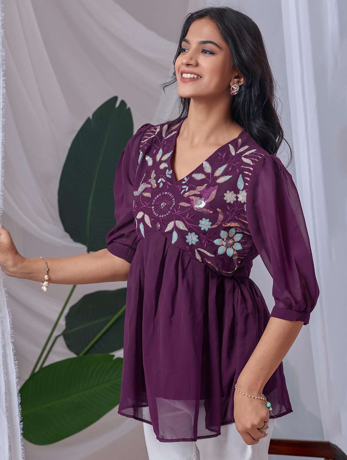 women embroidered v neck ethnic top - 22100802 -  Standard Image - 1