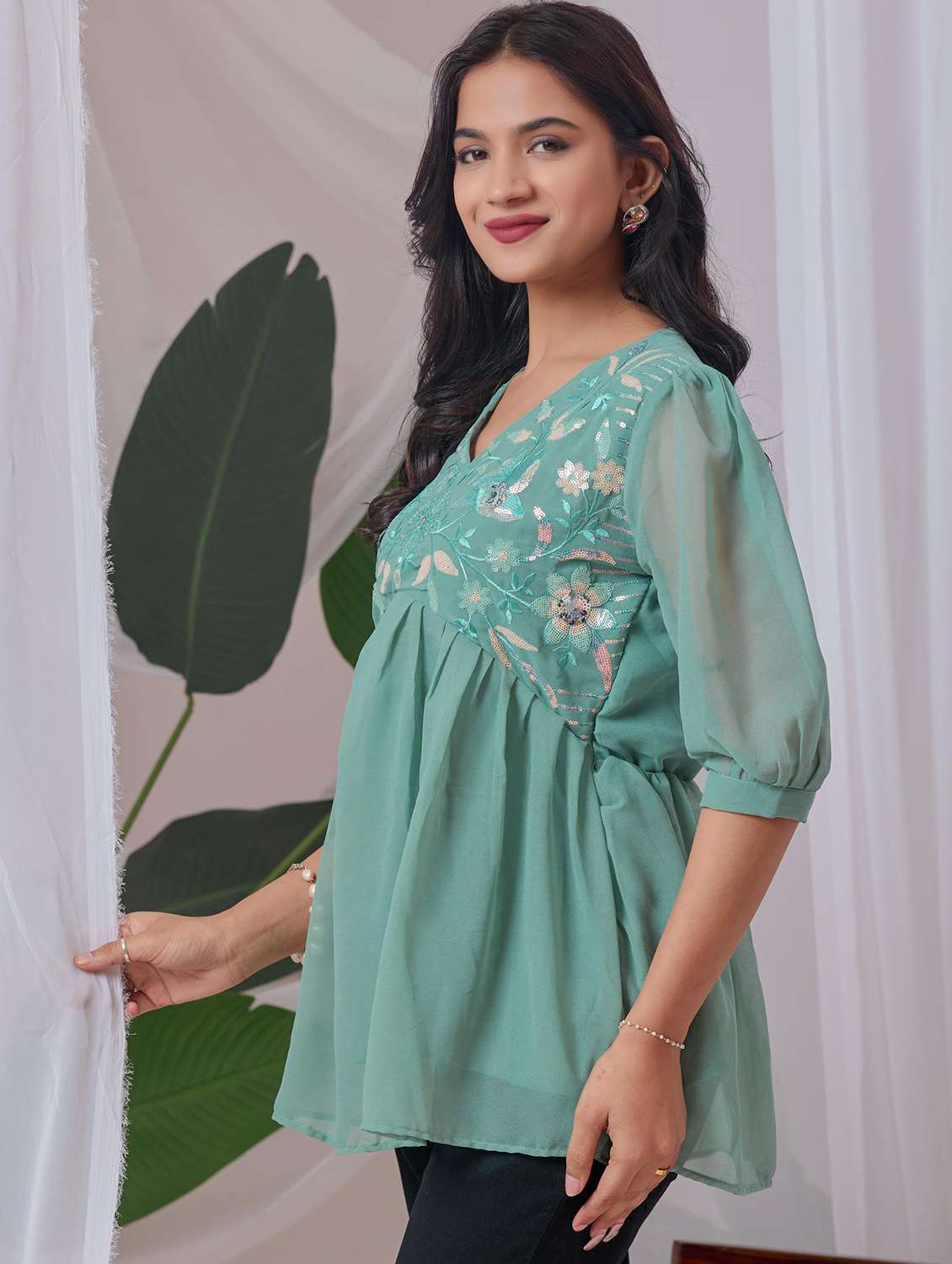 women embroidered v neck ethnic top - 22100813 -  Standard Image - 1