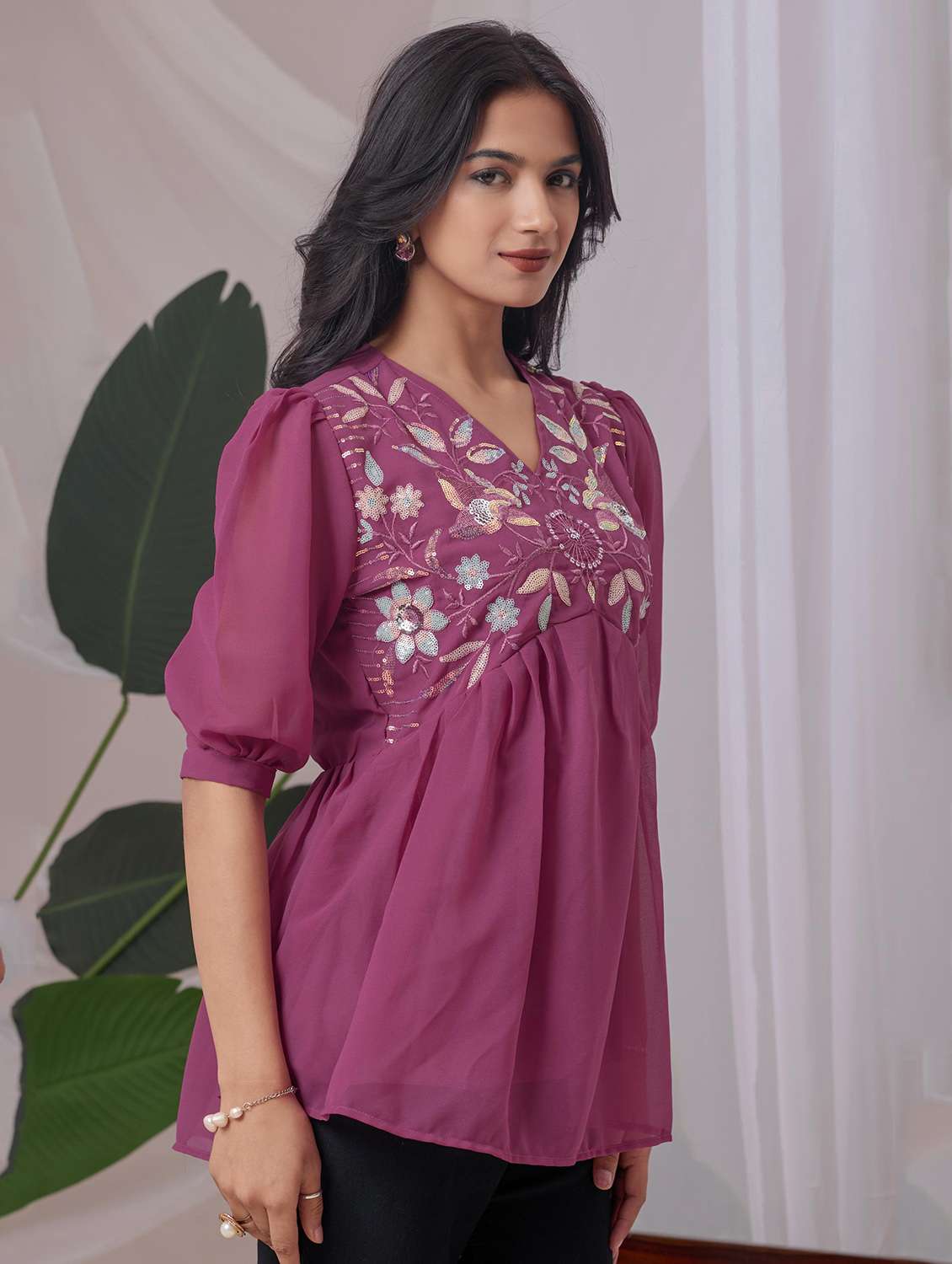 women embroidered v neck ethnic top - 22100849 -  Standard Image - 1