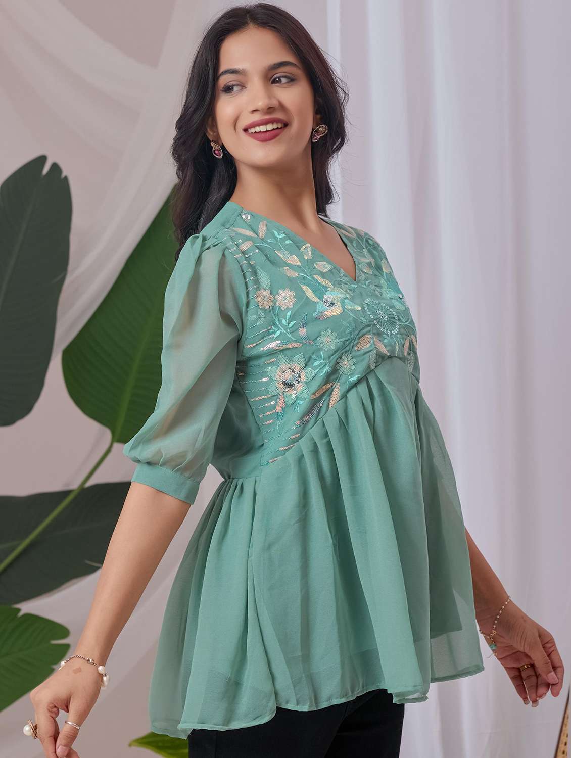 women embroidered v neck ethnic top - 22100854 -  Standard Image - 1