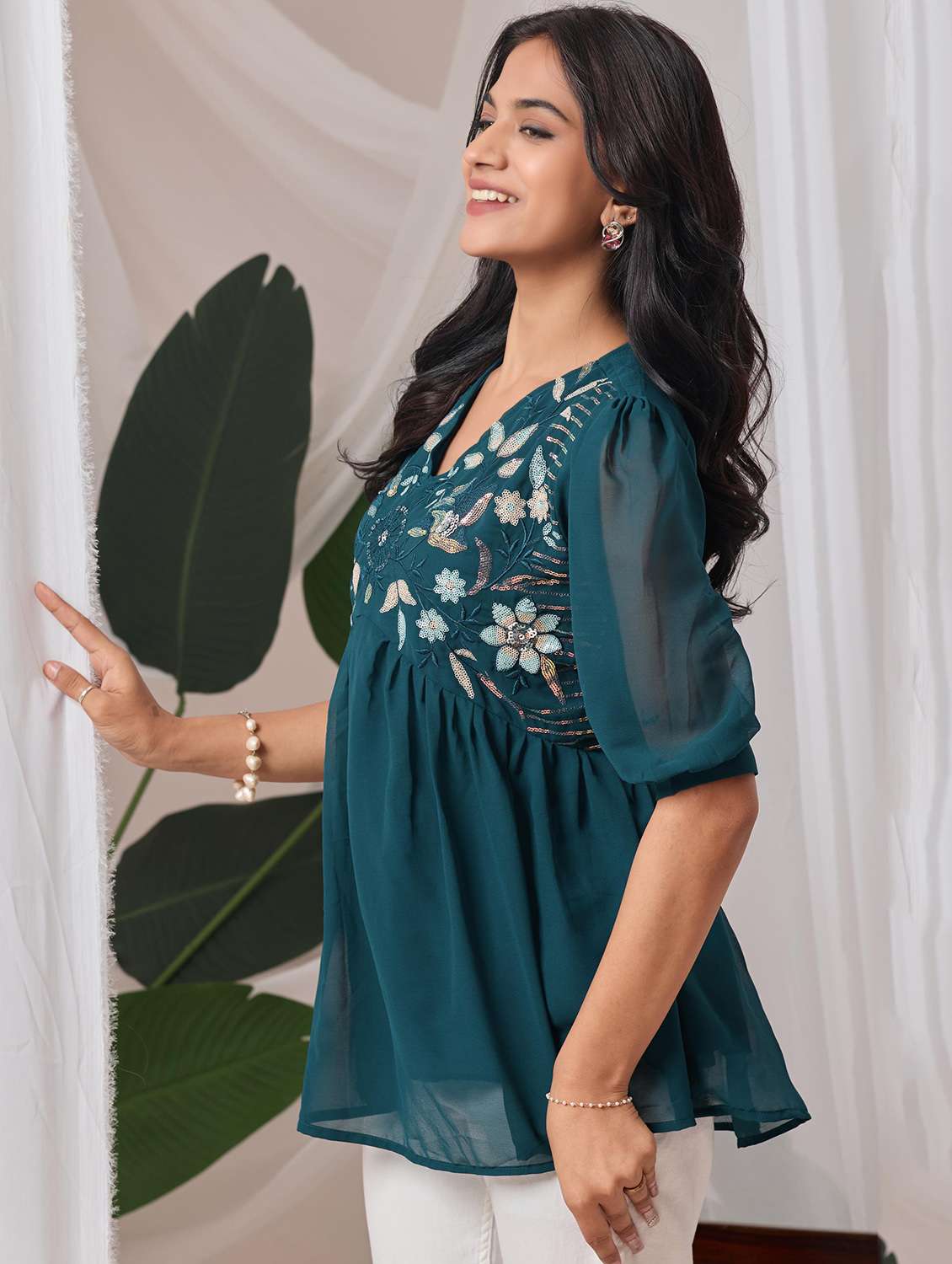 women embroidered v neck ethnic top - 22100860 -  Standard Image - 1