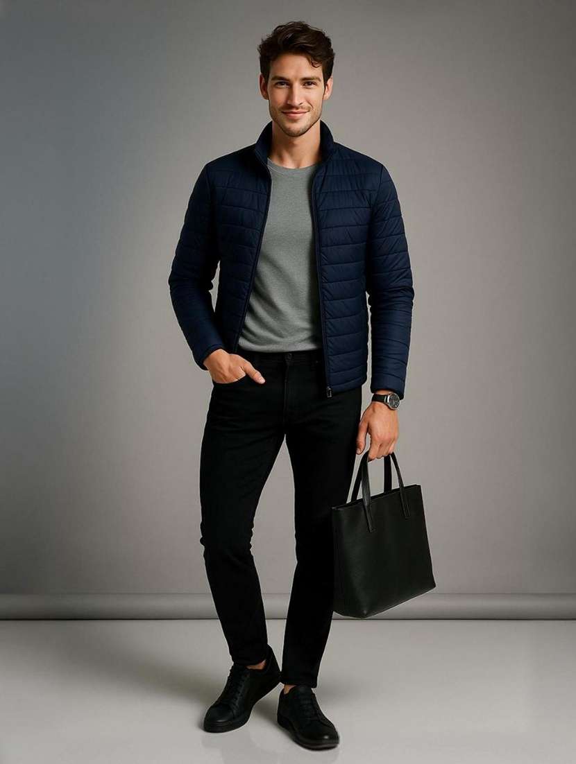 navy blue polyester quilted & puffer jacket - 22100870 - Standard Image - 4