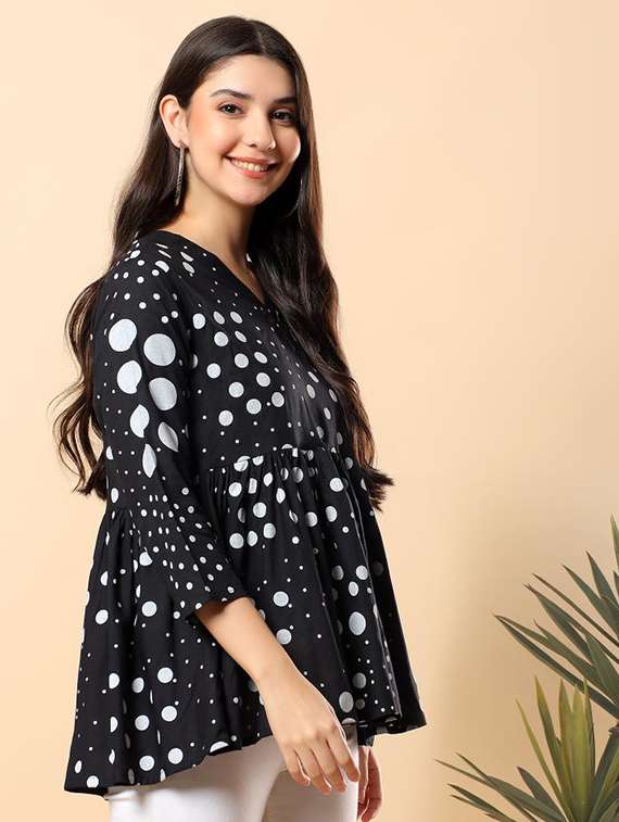 women polka dot printed three quarter sleeve flared top - 22100931 -  Standard Image - 1