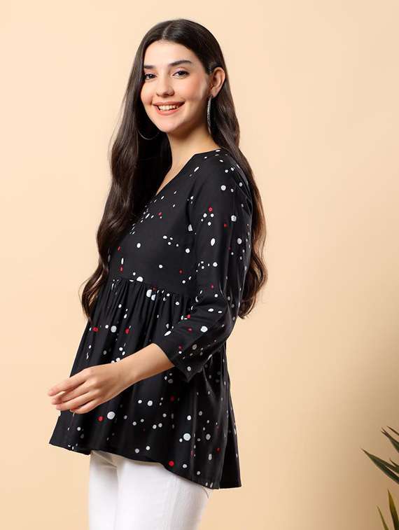 women polka dot printed three quarter sleeve flared top - 22100932 -  Standard Image - 1
