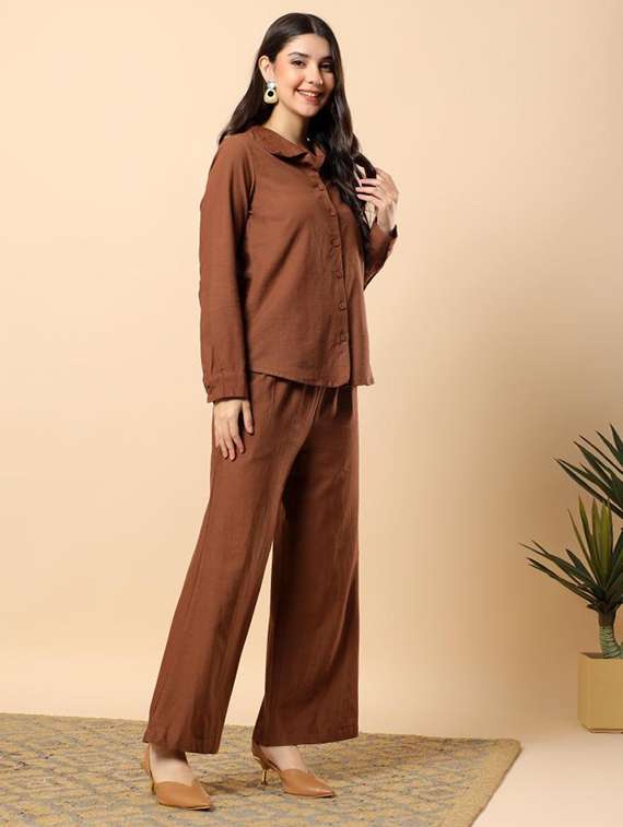 women solid long sleeve shirt & trouser co-ord set - 22100937 -  Standard Image - 1