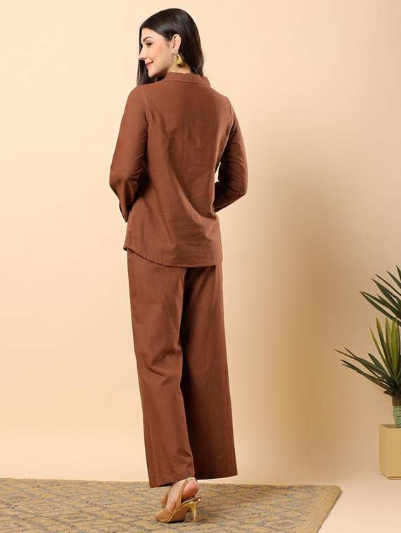 women solid long sleeve shirt & trouser co-ord set - 22100937 -  Standard Image - 4