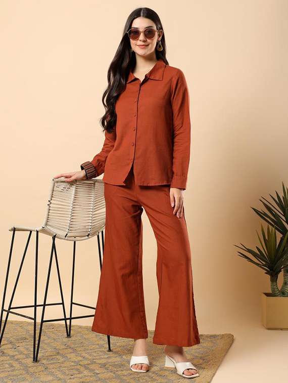women solid long sleeve shirt & trouser co-ord set
