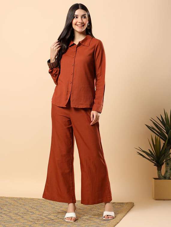 women solid long sleeve shirt & trouser co-ord set - 22100939 - Standard Image - 1