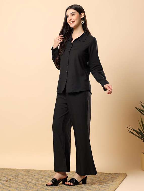 women solid long sleeve shirt & trouser co-ord set - 22100942 -  Standard Image - 1