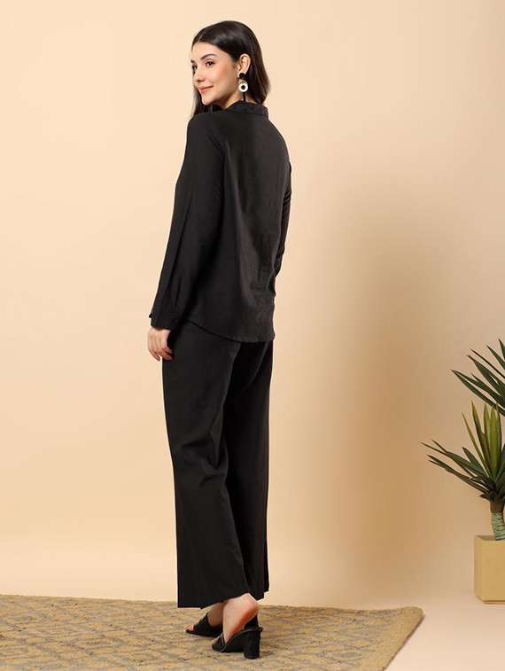 women solid long sleeve shirt & trouser co-ord set - 22100942 - Standard Image - 4