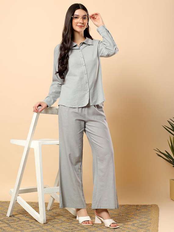 women solid long sleeve shirt & trouser co-ord set