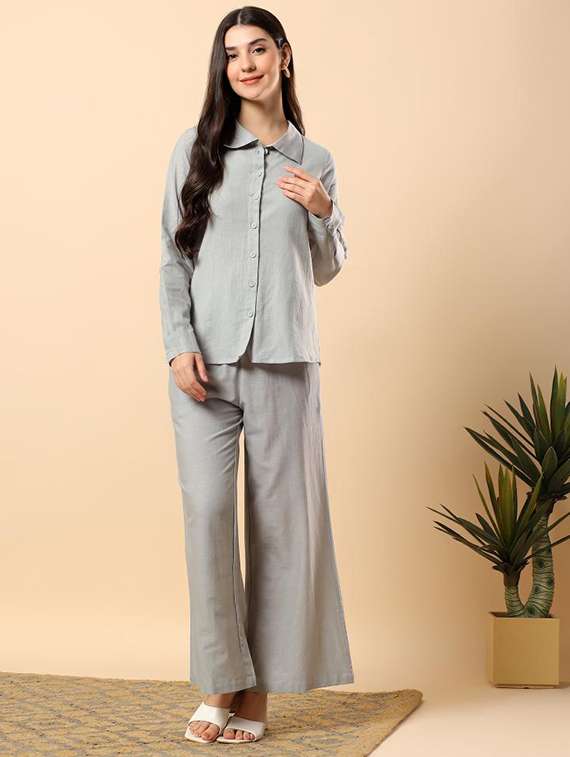 women solid long sleeve shirt & trouser co-ord set - 22100943 -  Standard Image - 1