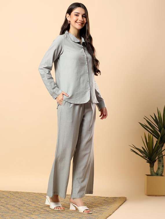 women solid long sleeve shirt & trouser co-ord set - 22100943 - Standard Image - 4