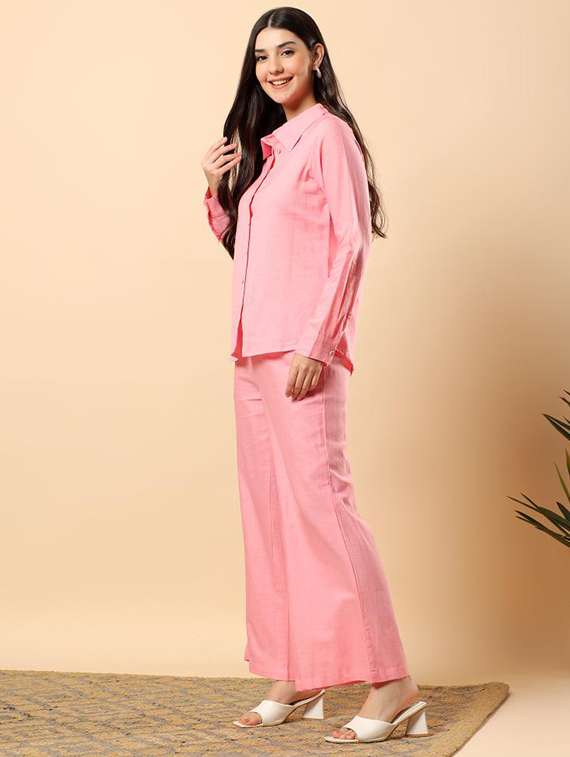 women solid long sleeve shirt & trouser co-ord set - 22100944 -  Standard Image - 1
